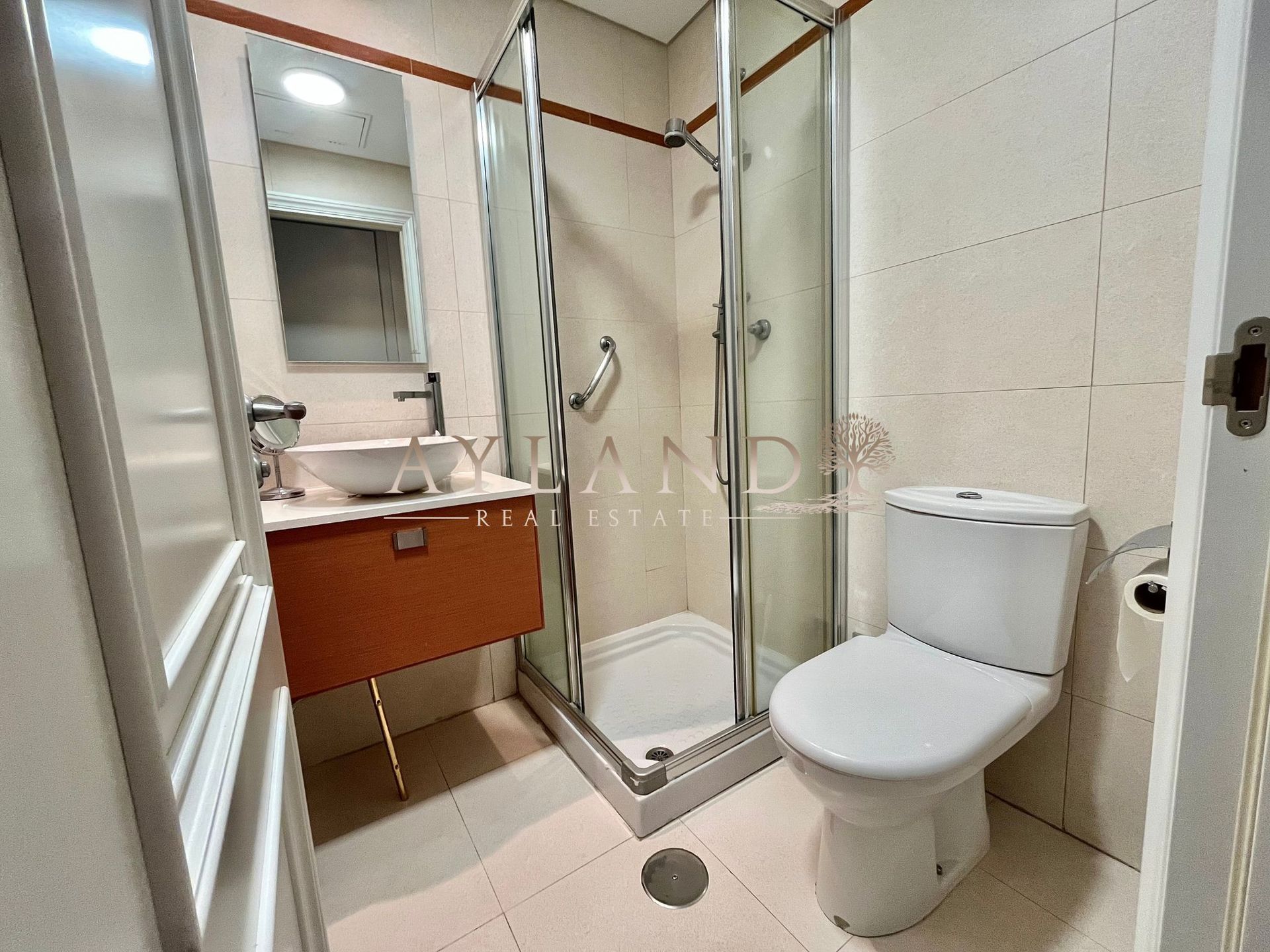 Baño con mampara de cristal y mueble de lavabo