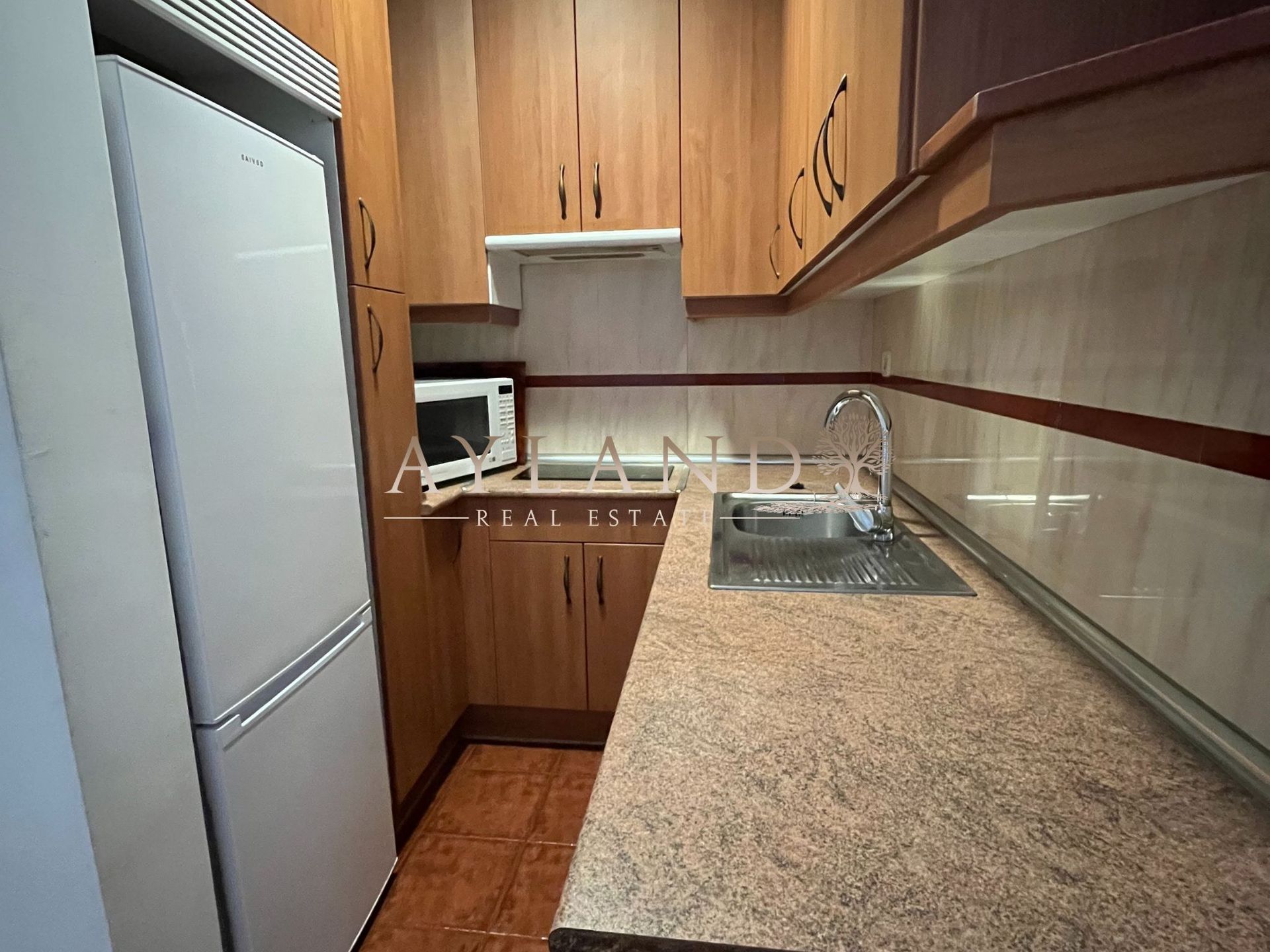 Una de las dos cocinas, con los muebles de madera originales