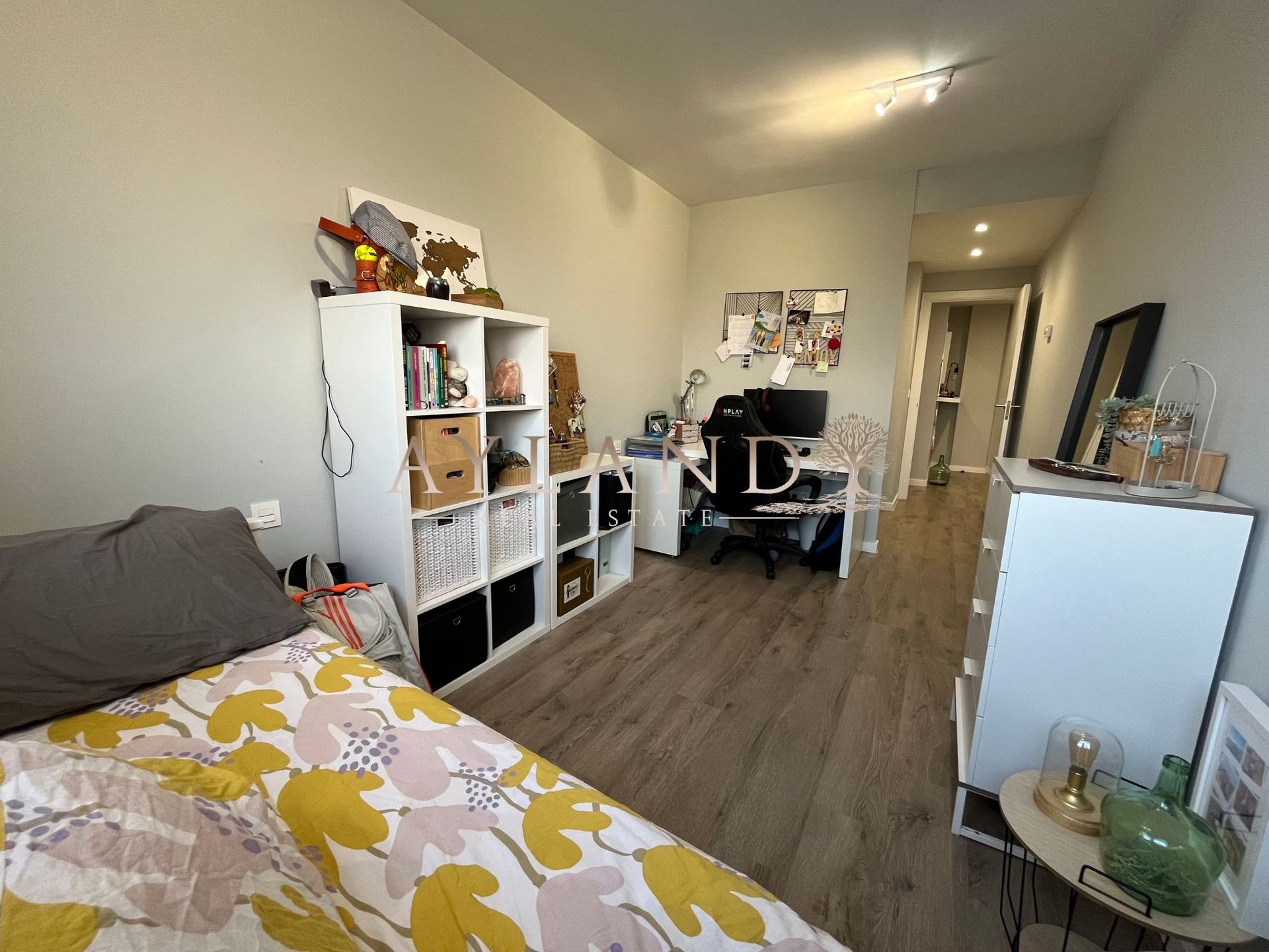 Habitación usada como despacho, con estantería y escritorio