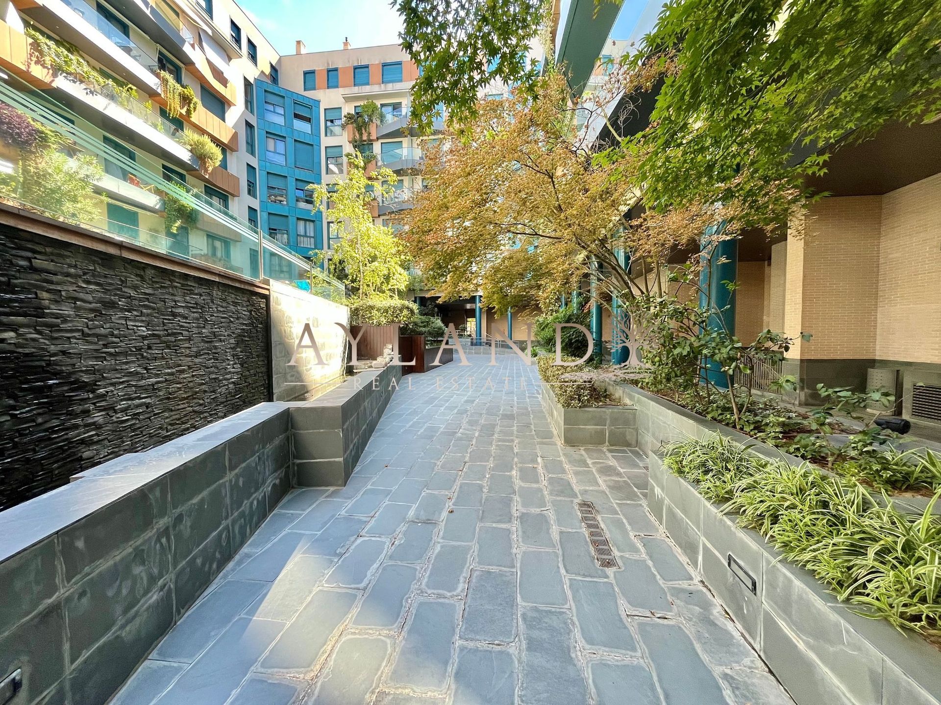 Las zonas verdes de la urbanización, con la lámina de agua sobre pizarra